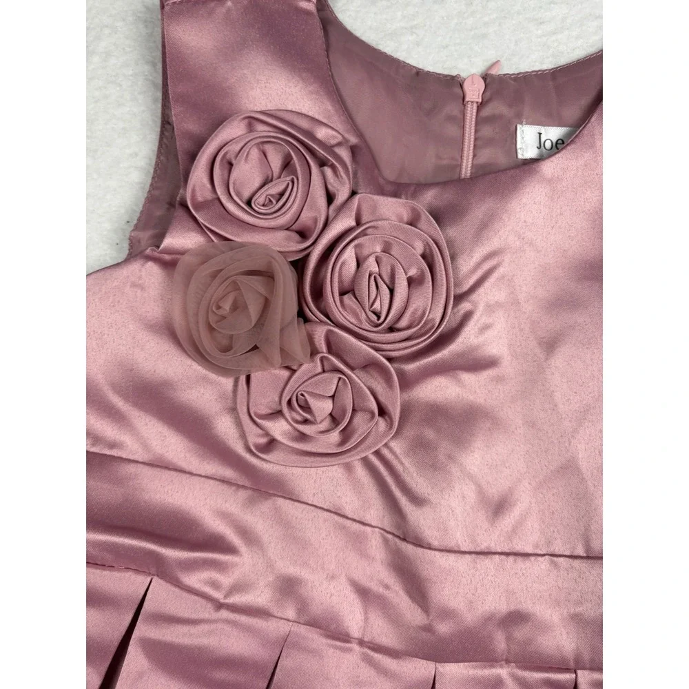 Joe Ella Girls Pink Satin Rosette Pleated Formal Dress Alice Blusa Size 4 NWT